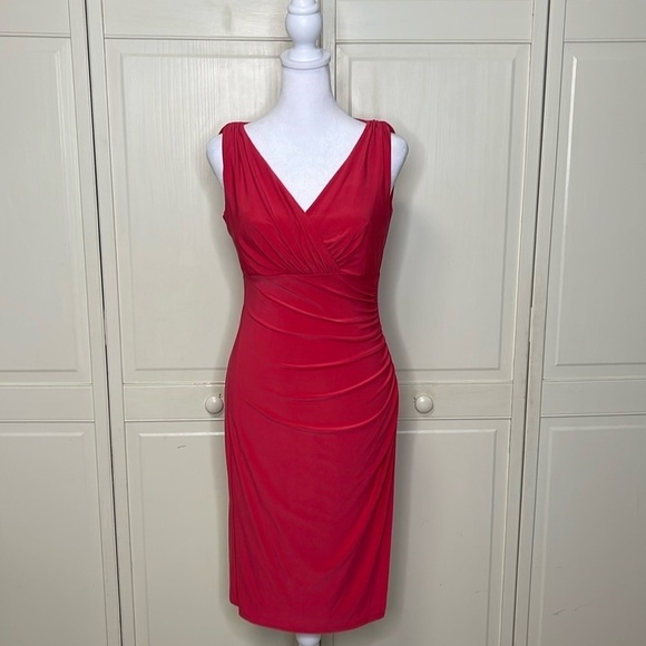 RALPH LAUREN Women’s Red/Pink  V-Neck Surplice Ruched Midi Dress Size 2 - Picture 1 of 11
